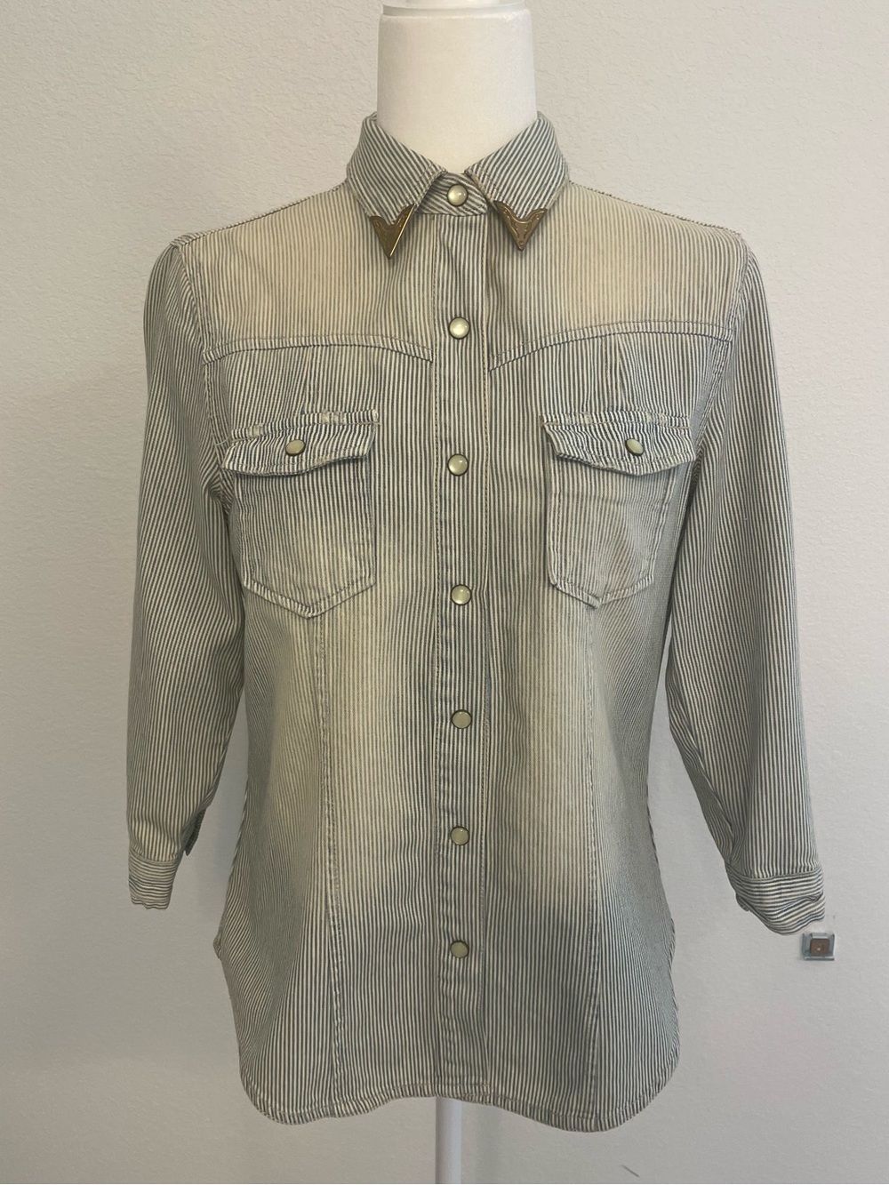 Striped Button-Down Western Shirt with Metal Collar Tips